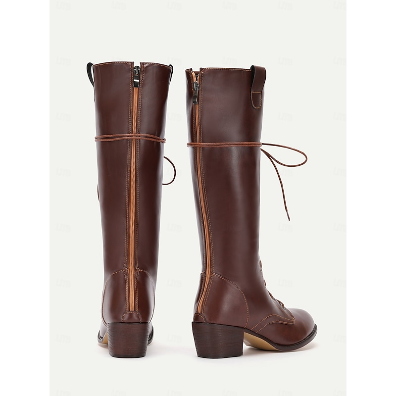 Women's Brown Lace - Up Knee High Boots Vintage Style Comfortable For Casual Wear4