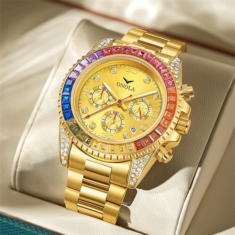 ONOLA Luxury Iced Watches Men Automatic Date Multifunctional Steel Clocks Fashion Rainbow Diamond Quartz Wristwatch2