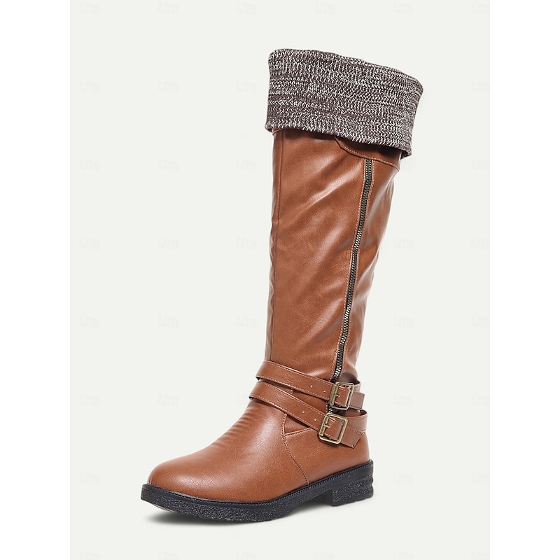 Women's Brown Knee-High Faux Leather Boots with Knit Cuff and Buckle Straps – Casual Winter Riding Boots3