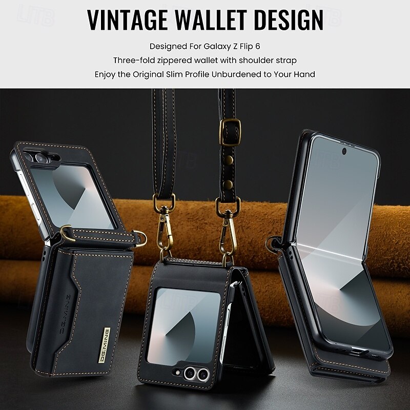 Phone Case For Z Flip 7 Z Flip 6 Z Flip 5 Z Flip 4 Z Flip 3 Back Cover with Stand Holder with Lanyard Card Slot Retro TPU PU Leather2