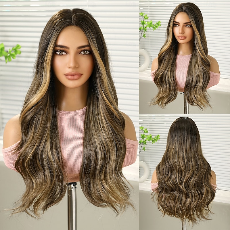 Synthetic Wig Curly Wavy Middle Part Machine Made Wig 26 inch Black / Brown Synthetic Hair Women's Cute Cosplay Party Blonde