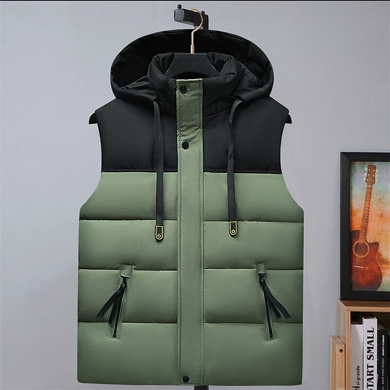 Men's Puffer Vest Hoodie Vest Padded Gilet Quilted Vest Daily Date Vacation Fashion Casual Fall & Winter Pocket Detachable Hood Polyester Warm Comfortable Color Block Hidden Hooded Regular Fit Black3
