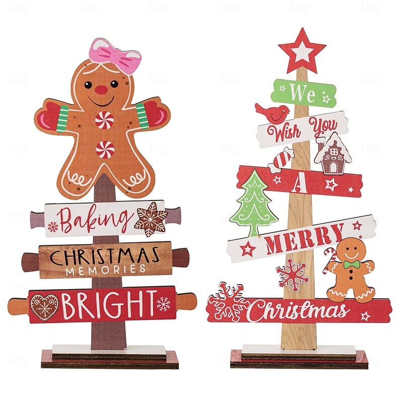 Christmas Wooden Tabletop Decor, Gingerbread Man & Christmas Tree Letter Wood Ornament for Holiday Home Decoration, Festive Table Centerpiece3