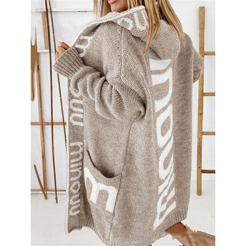 Women's Sweater Cardigan Casual Soft Letter Ribbed Hooded Pocket Knitted Long Sleeve Long Tops Knit Outdoor Daily Weekend Light Brown Gray Fall Winter4