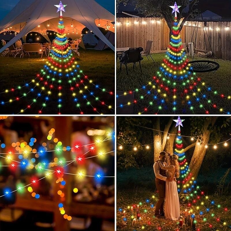 2M-200Leds Christmas Tree Light String with Pentagram Top Light, Powered by USB Remote Control for Controlling Indoor and Outdoor Decoration3