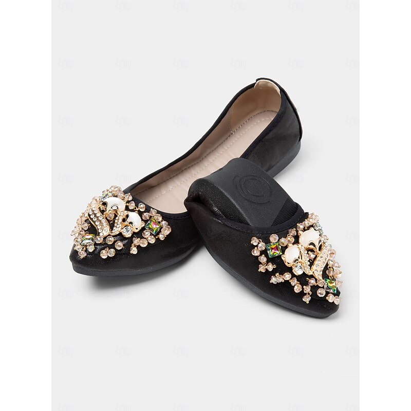 Women's Black Foldable Ballet Flats with Rhinestone & Pearl Embellishments - Compact Travel Shoes for Special Occasions & Everyday Comfort2
