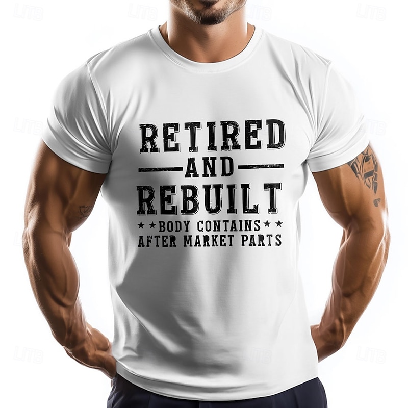 Men's T-Shirt: Funny Retired & Rebuilt Body Contains After Market Parts Short Sleeve Olive Green2