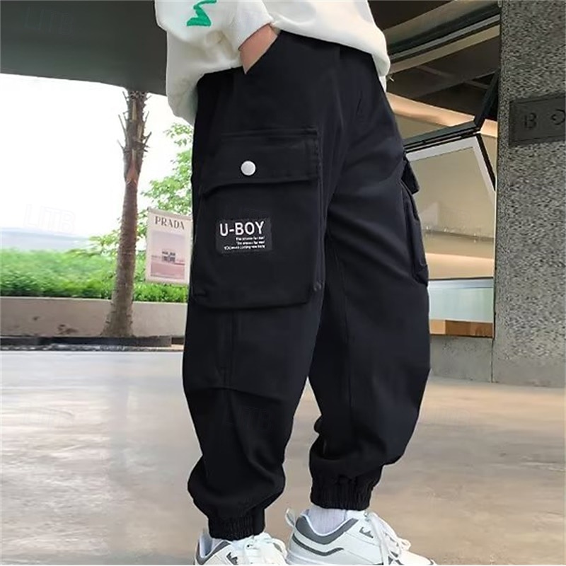 Kids Boys Pants Cargo Pants Trousers Patchwork Pocket Solid Color Breathable Soft Comfort Pants Outdoor Daily Basic Black Khaki Mid Waist