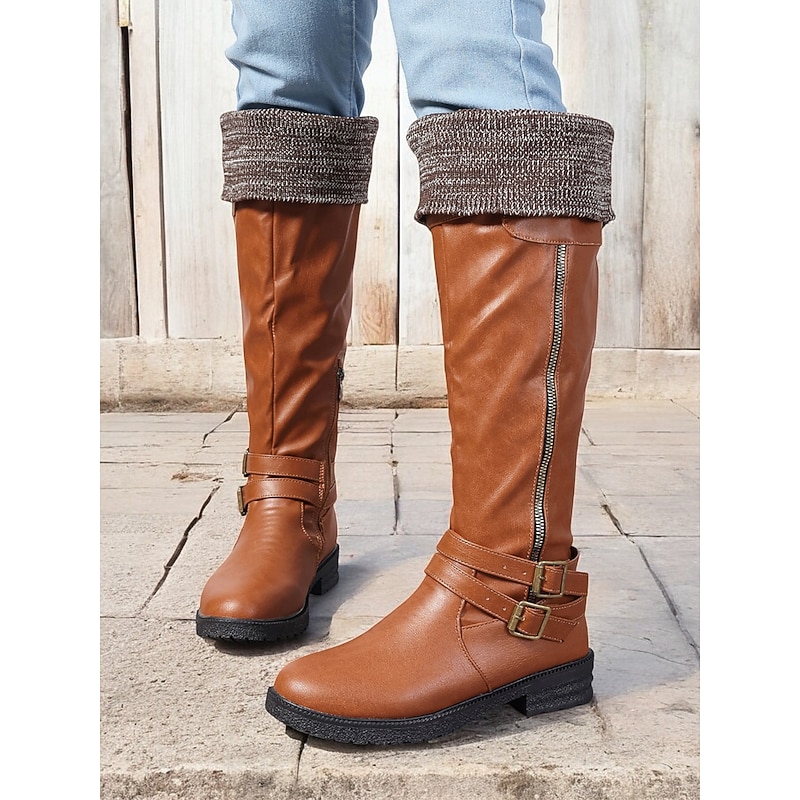 Women's Brown Knee-High Faux Leather Boots with Knit Cuff and Buckle Straps – Casual Winter Riding Boots2