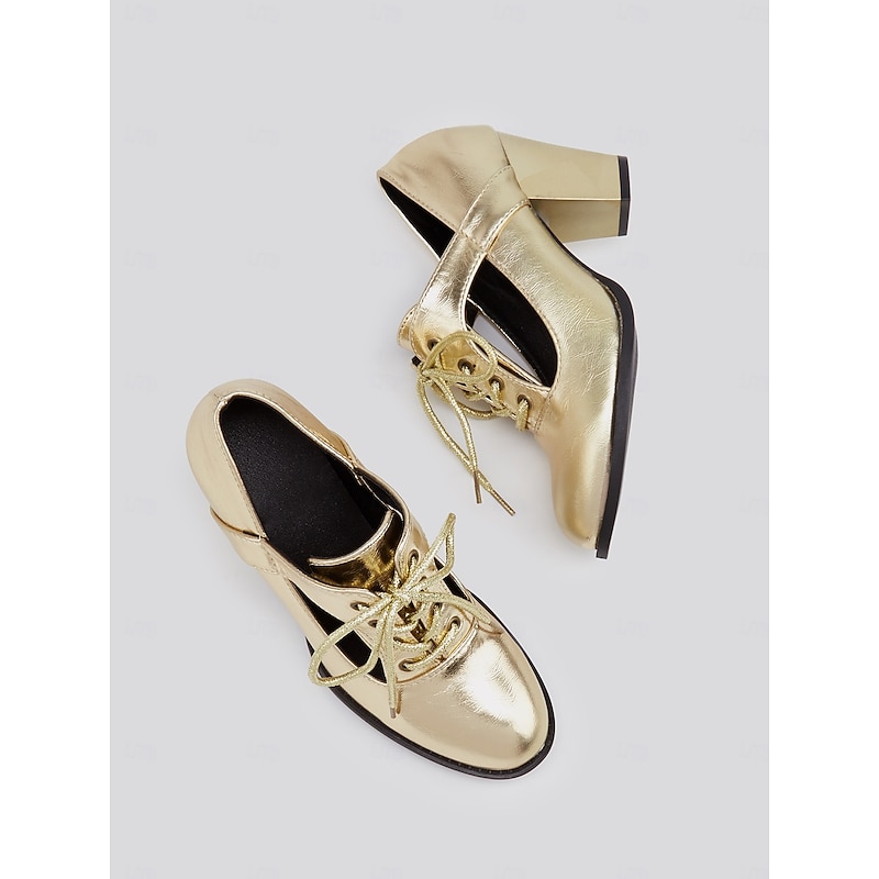 Women's Vintage Gatsby Gold Lace-Up Heeled Oxford Shoes-Glamorous Metallic Block Heels for Parties and Special Occasions4