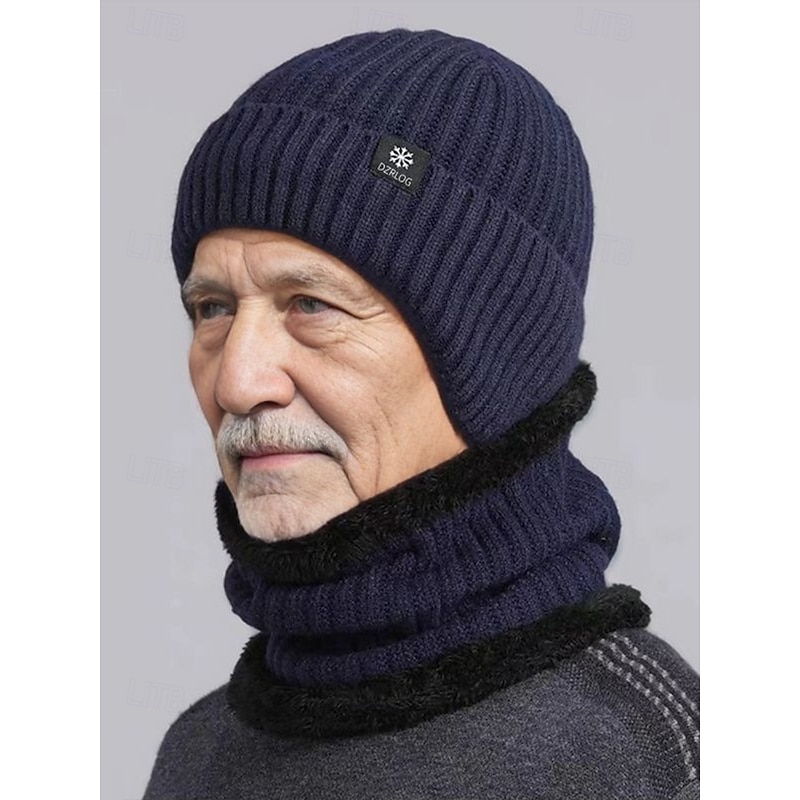 Men's Winter Knit Beanie Hat with Scarf Set – Warm Fleece-Lined for Cold Weather Protection