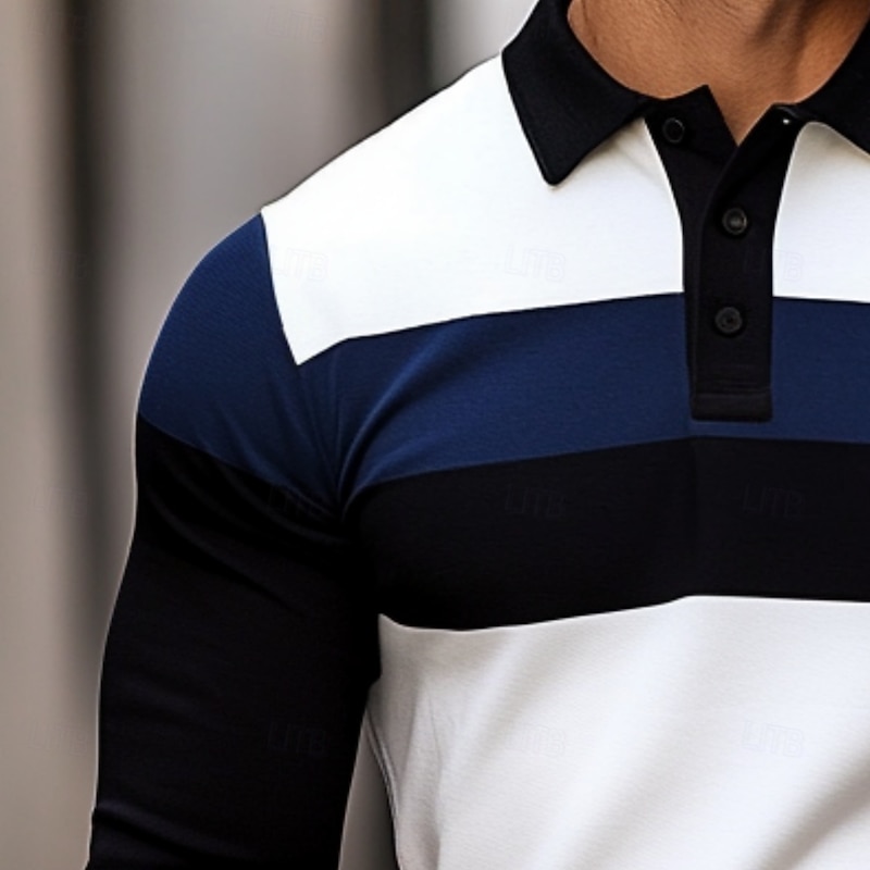 Men's Solid Color Rugby Polo Shirts Long Sleeve Polo Shirts Lapel Classic Fashion 3D Print Modern Casual Sports Pocket Fall Winter White Light Blue Grey3