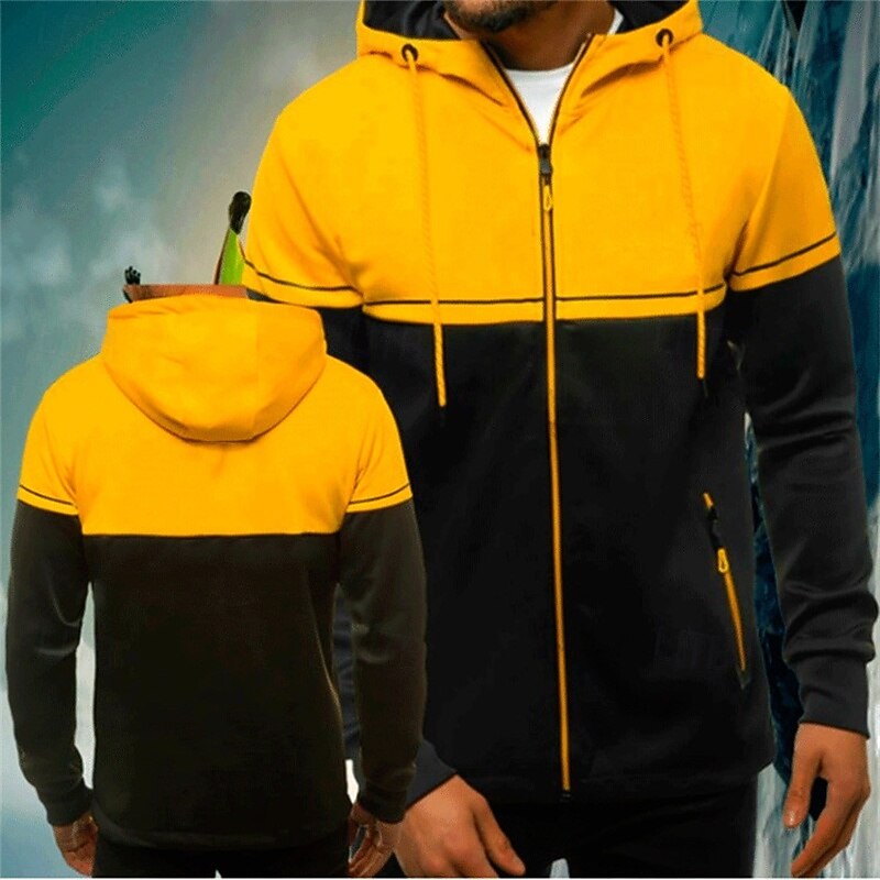 Men's Hoodie Hoodie Jacket Drawstring Patchwork Long Sleeve Outerwear Casual Athleisure Fall Color Block Soft Breathable Gym Workout Walking Jogging Sportswear Activewear Dark Grey Yellow Red