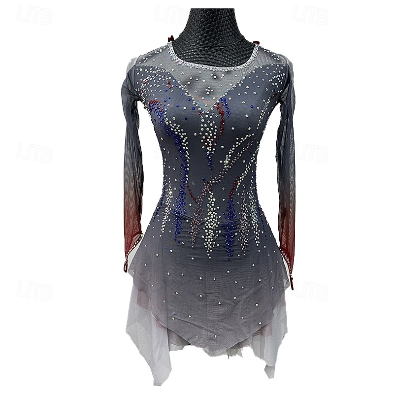 Figure skating costumes for adults and children black custom spandex mesh grading performance costumes competition training rhinestone shaped women's skirts performance costumes