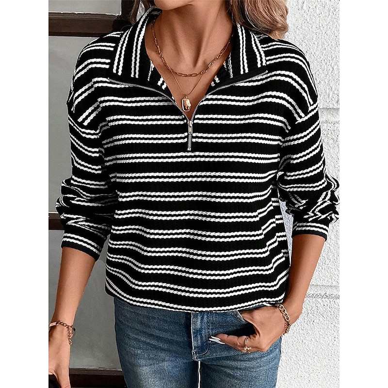 Women's Shirt Blouse Striped Casual Long Sleeve Shirt Collar Regular Tops Daily Zipper Print Black Fall Winter