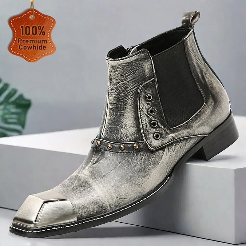 Men's Metallic Silver Leather Chelsea Motorcycle Boots – Pointed Toe Ankle Boots with Studded Detailing and Metal Toe Cap
