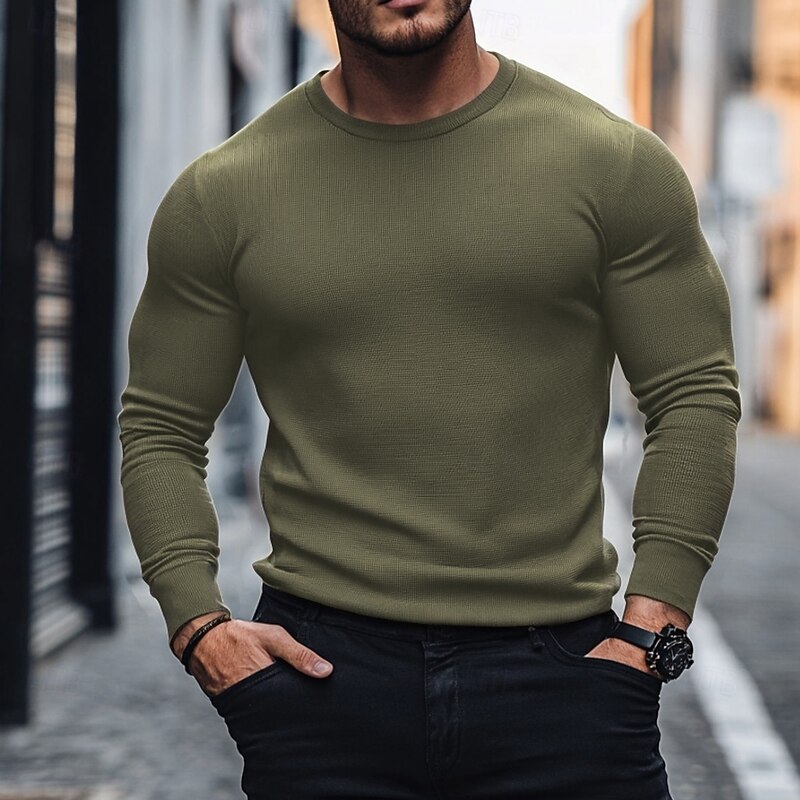 Men's Waffle Shirt T Shirt Tee Top Long Sleeve Shirt Long Sleeve Crew Neck Spring &  Fall Fashion Designer Basic Warm Vacation Casual Daily Green Top Tee for Men