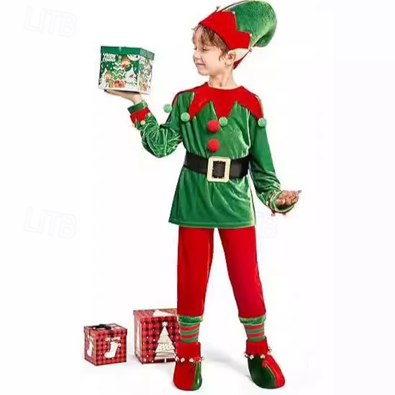 Elf Outfits Fancy Costume Christmas Costume Boys' Cosplay Costume Kid's Christmas New Year Christmas Eve Christmas Party 1 Pair of Earrings Top Pants Socks Shoes2