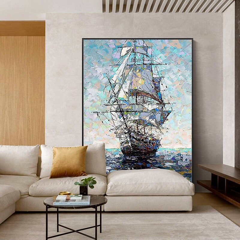 Mintura Handmade Abstract Boat Landscapt Oil Paintings On Canvas Wall Art Decoration Modern Texture Picture For Home Decor Rolled Frameless Unstretched Painting3