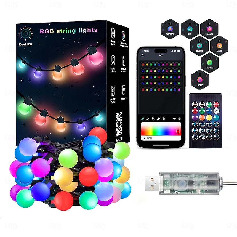 Dimmable RGB Outdoor String Lights 16ft 10m 25 LEDs, 32ft 5m 50 LEDs Color Changing String Lights with App & Remote Control Perfect for Christmas Parties Home Decorations2
