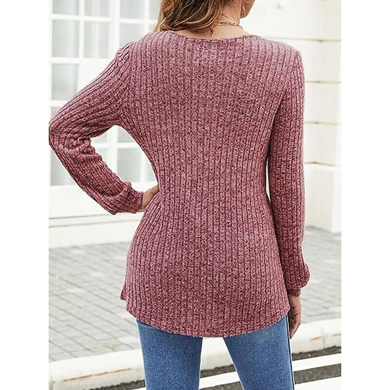 Women's Sweater Pullover Sweater Jumper Casual Soft Pure Color Ribbed V Neck Knitted Long Sleeve Regular Tops Knit Outdoor Daily Weekend Black Fuchsia Fall Winter2