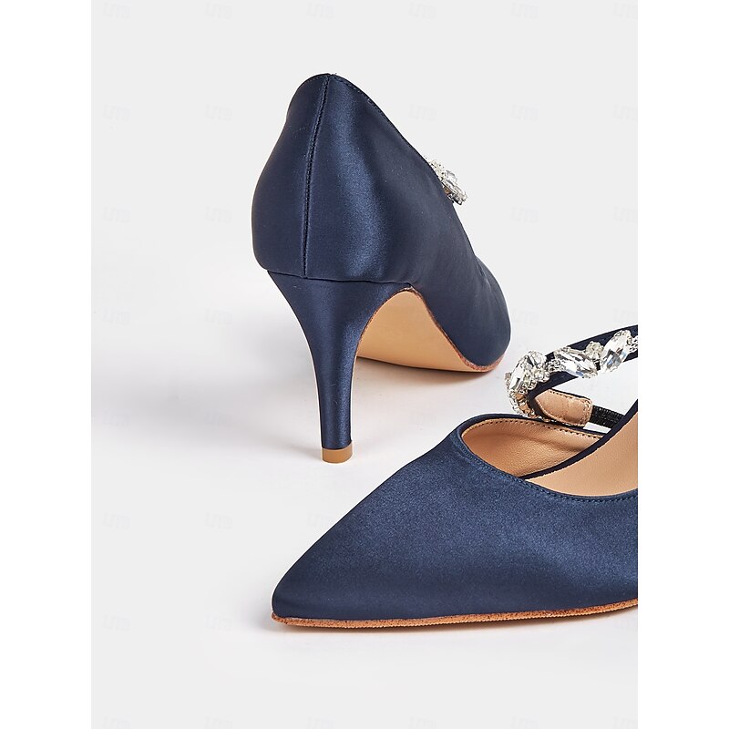 Women's Rhinestone Embellished Satin Heels - Elegant Pointed-Toe Pumps for Formal Events and Weddings 6