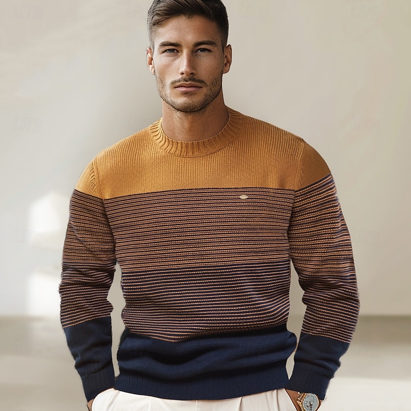 Men's Pullover Sweater Jumper Knit Ombre Crew Neck Knitwear Elegant Christmas Outdoor Clothing Apparel Fall Winter Dark Green Orange S M L