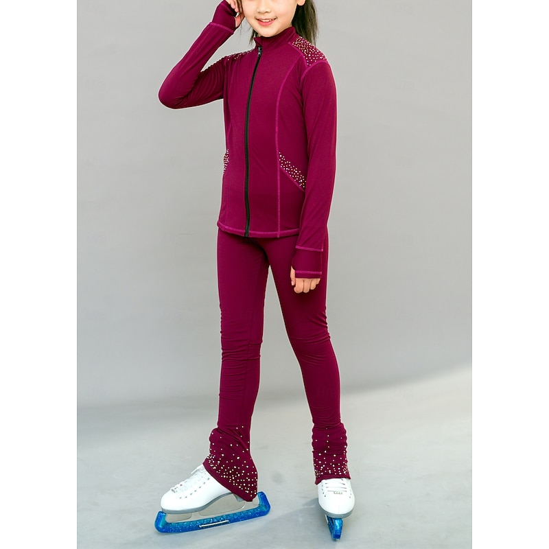 Figure Skating Fleece Jacket Figure Skating Pants Figure Skating Jacket with Pants Women's Girls' Ice Skating Jacket Tights Outfits Burgundy Patchwork Thumbhole Spandex Stretchy Training Practice