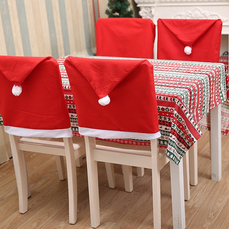 4pcs Red Non-Woven Christmas Chair Covers, Santa Hat Back Slipcovers for Dining Room Holiday Decor, Xmas Table Decoration - Main Image