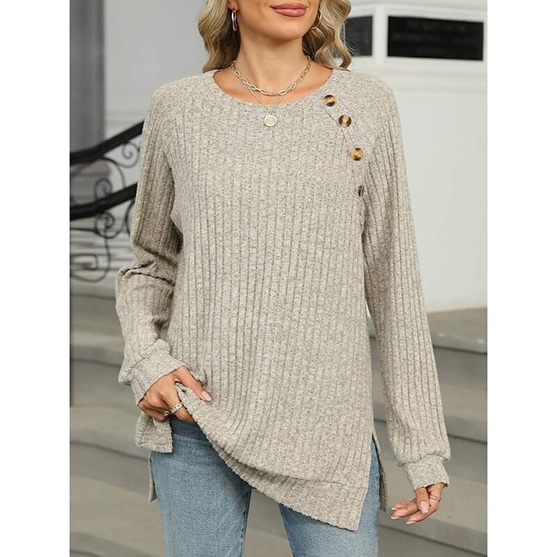 Women's T Shirt Plain Fashion Modern Casual Long Sleeve Crew Neck Regular Tops Daily Weekend Buttons Pink Blue Green Khaki Fall Winter2