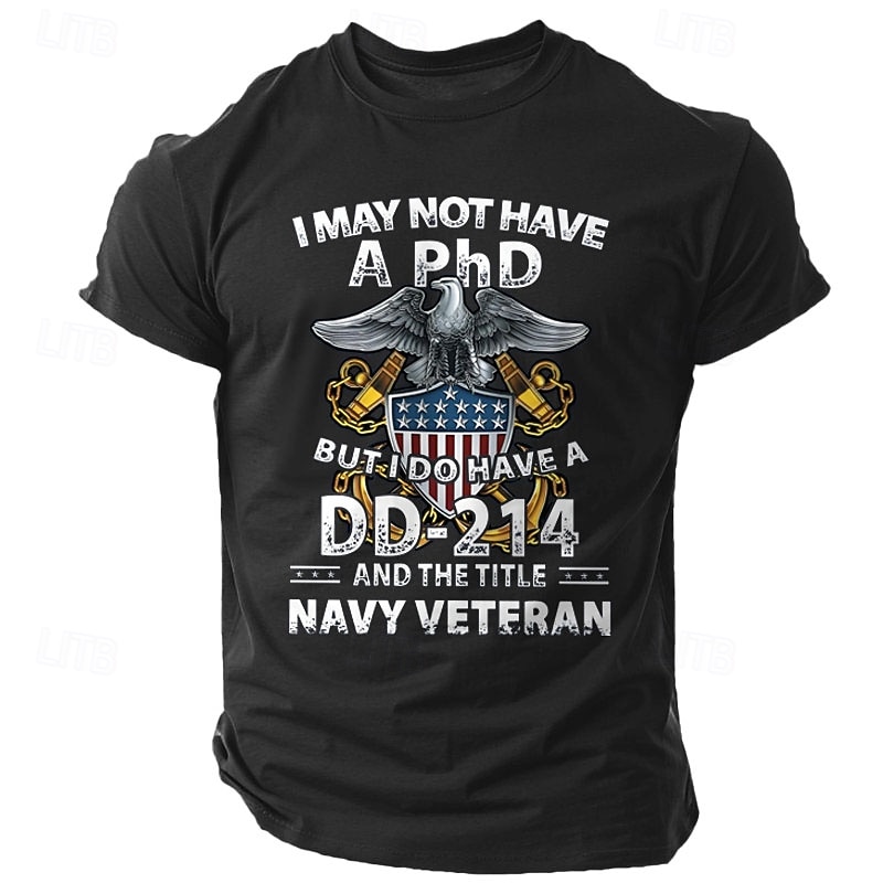 Men's Navy Veteran Graphic T-Shirt - DD-214 & PhD Military Service Pride Short Sleeve Tee2
