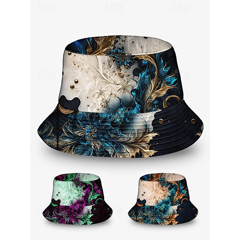 Men's Artistic Print Bucket Hat with Blue and Gold Abstract Floral Design – Stylish and Unique Outdoor Sun Hat for All Seasons