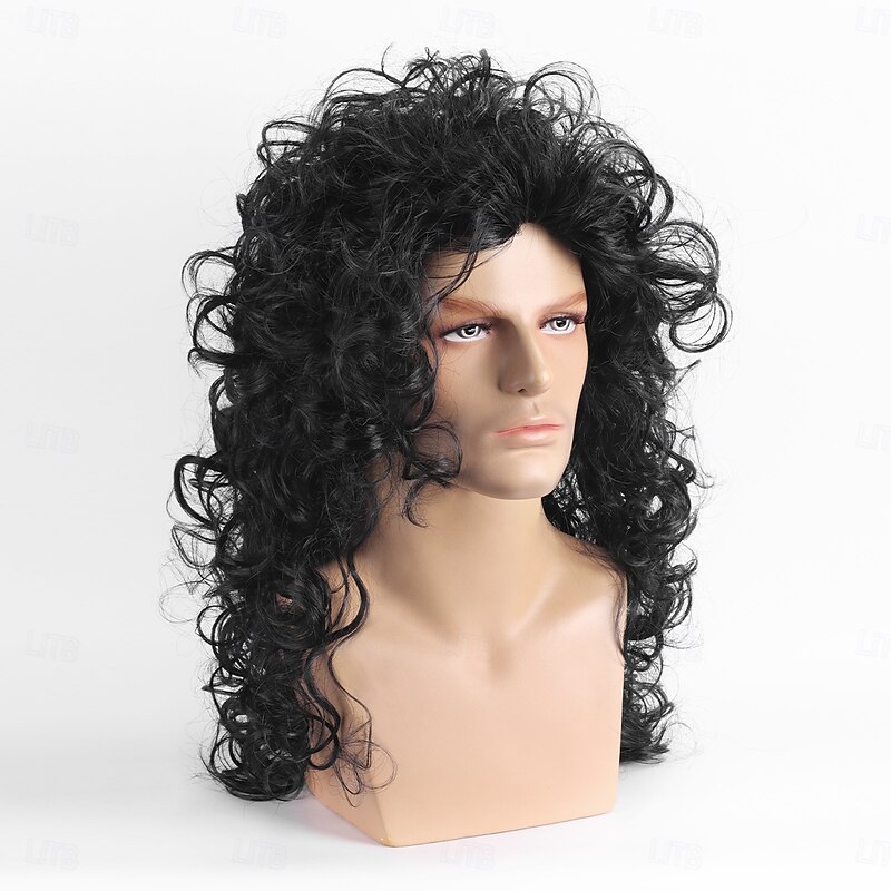 Synthetic Wig Wavy With Bangs Machine Made Wig Long Black Synthetic Hair Men's Black4