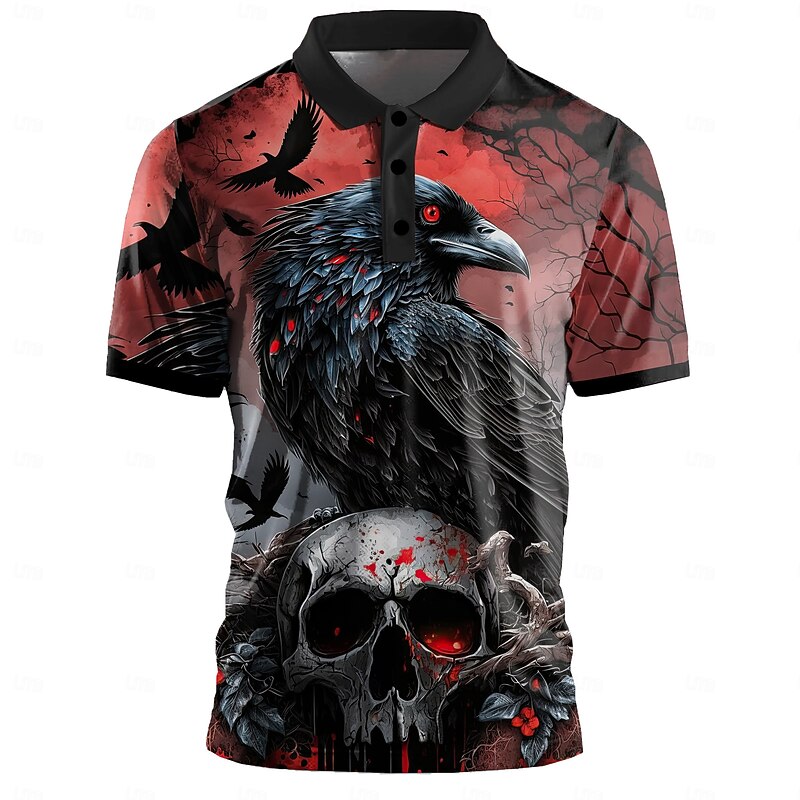 Day of the Dead Men's Skull Golf Shirt Short Sleeve Polo Shirts Collared Shirts Casual Horror Streetwear Festival Wear Party Outfits 3D Print Buttons Summer Black2