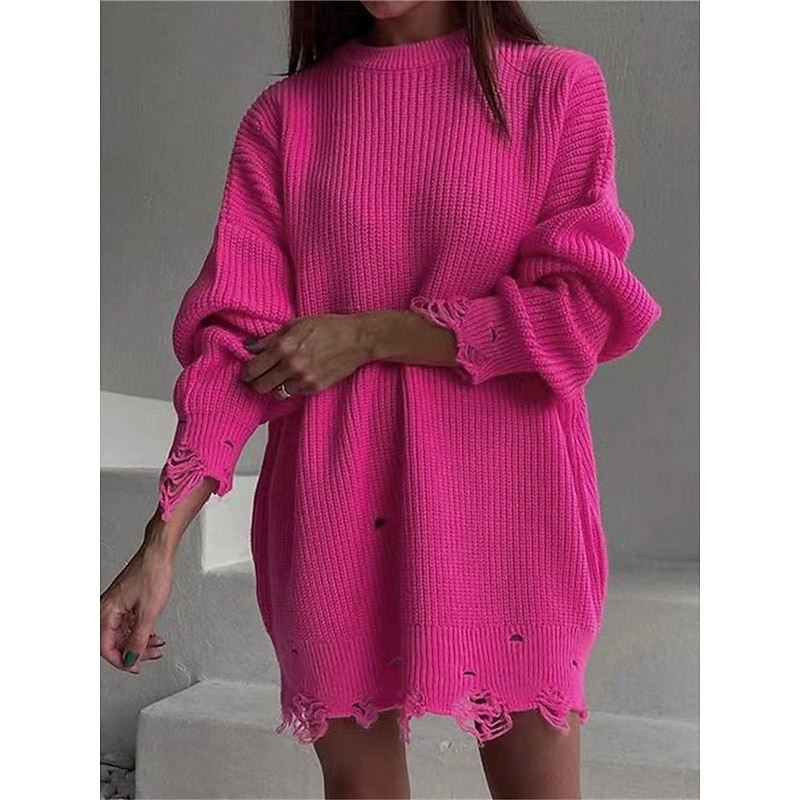Women's Sweater Dress Casual Soft Pure Color Ribbed Crew Neck Knitted Long Sleeve Long Tops Knit Outdoor Daily Weekend Black Pink Fall Winter