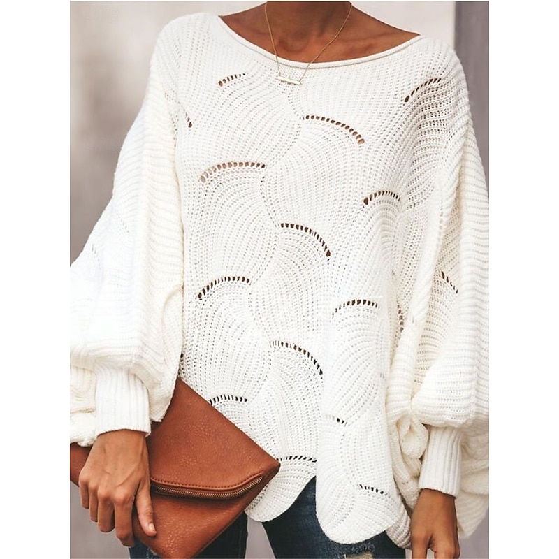 Women's Sweater Pullover Sweater Jumper Casual Soft Pure Color Ribbed Crew Neck Hollow Out Knitted Long Sleeve Regular Tops Knit Outdoor Daily Weekend White Pink Fall Winter3