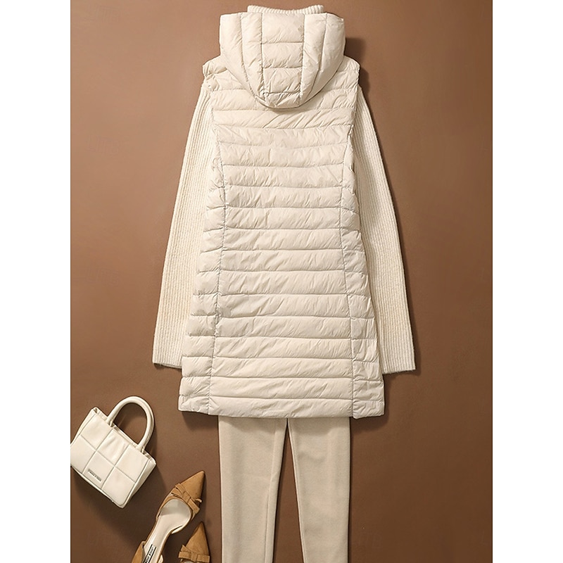 Women's Puffer Vest Warm Breathable Zipper Pocket Casual Plain Vacation Street Daily Wear Going out Zipper Long Hoodie Regular Fit Sleeveless Outerwear Black Pink Beige Fall Winter3