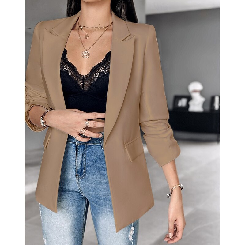 Women's Blazer Formal Solid Color Casual / Daily Fashion Regular Fit Outerwear Long Sleeve Winter Black S2