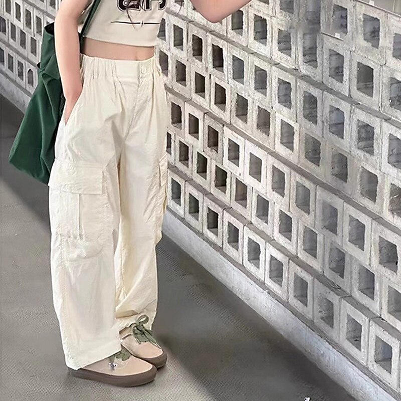 Kids Girls' Trousers Solid Color Streetwear Pocket School 4 years+ Spring Pink Beige Gray4