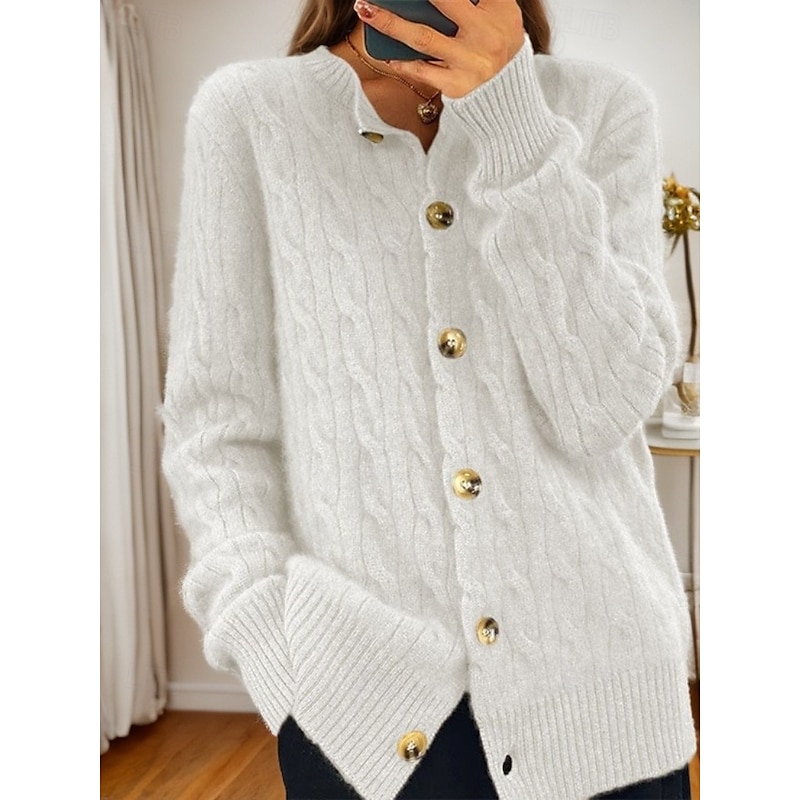 Women's Valentine Pink Sweater Cardigan Sweater Jacket Crew Neck Cable Knit Button Knitted Spring Fall Daily Vintage Daily Soft Long Sleeve Pure Color White Pink3