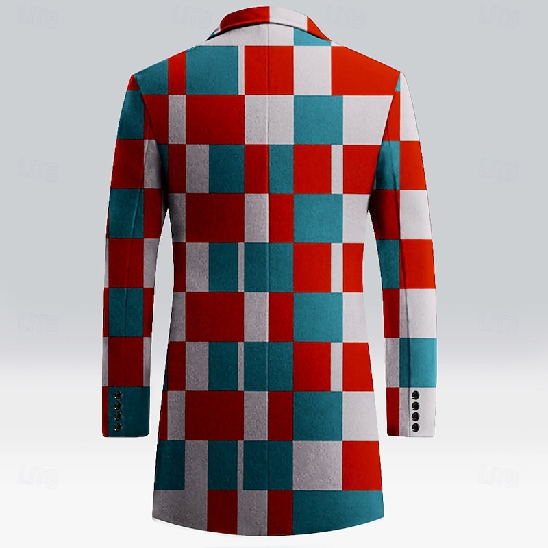 Men's Plaid Winter Coat Fleece Jacket Overcoat Thermal Comfortable Casual Street Outdoor clothing Daily Wear 3D Print Buttons Front Pocket Winter Turndown Long Sleeve Red Blue3