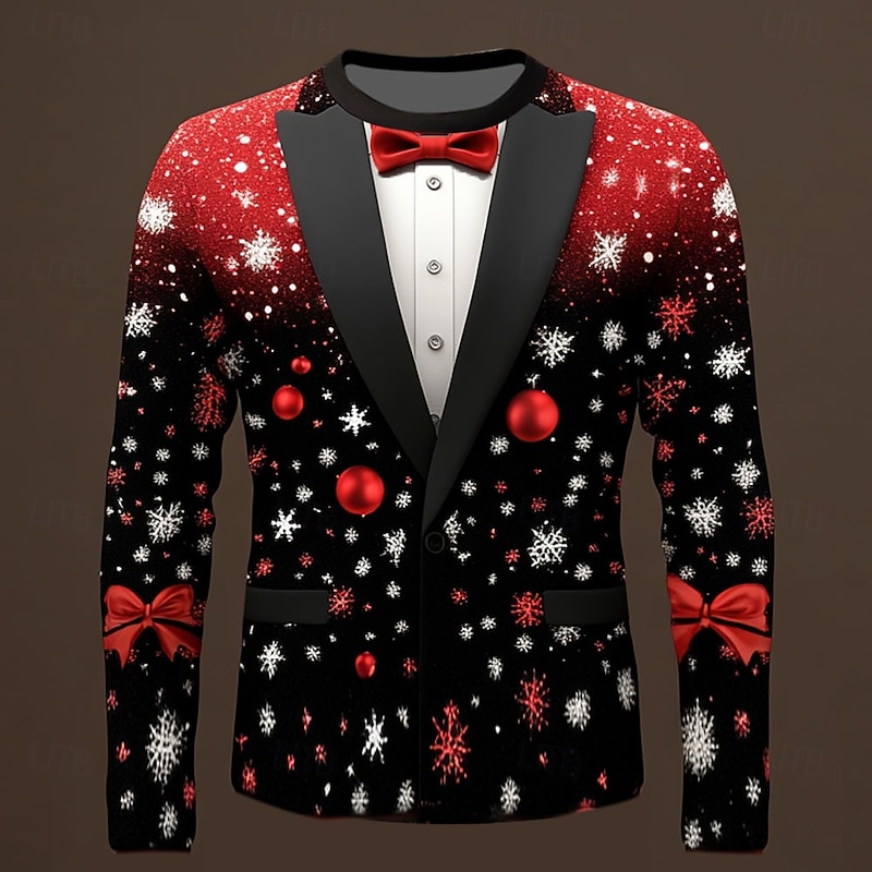 Christmas Men's Tree Snowflake Bow tie T Shirt Long Sleeve T shirt 3D Print Crew Neck Shirt Fashion Designer Party Casual Holiday Red Summer Spring Fall Clothing Apparel S M L XL XXL XXXL