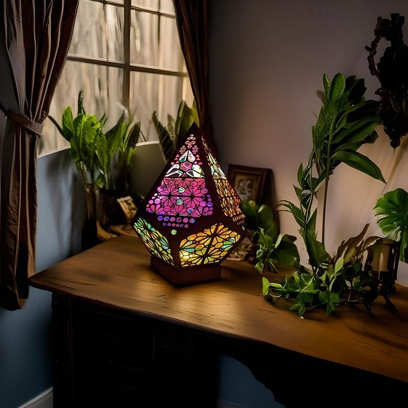 Bohemian Geometric Hollow Floor Lamp, USB Charging Retro LED Lamp with Colorful 3D Projection for Home Decor, Weddings and Parties2