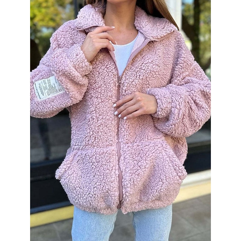 Women's Fleece Jacket Teddy Coat Warm Breathable Zipper Pocket Fleece Lined Casual Plain Vacation Street Daily Wear Going out Zipper Regular Stand Collar Regular Fit Long Sleeve Outerwear White Pink