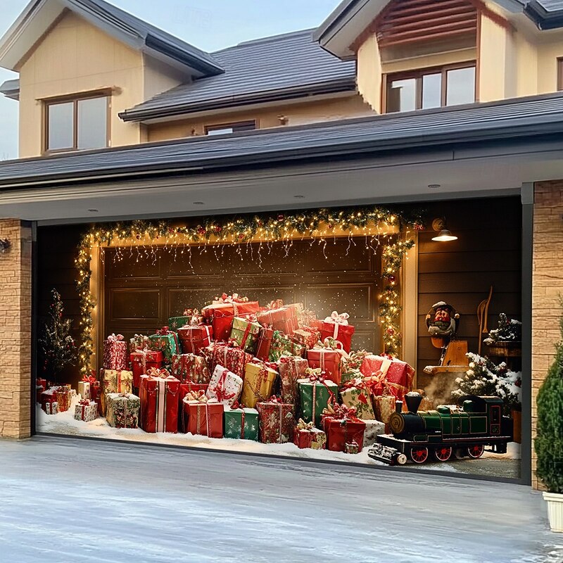 Christmas Door Decorations Outdoor Garage Door Cover Xmas Christmas Gifts Banner Farmhouse Large Christmas Backdrop for Holiday Outdoor Garage Door Home Wall Decorations3