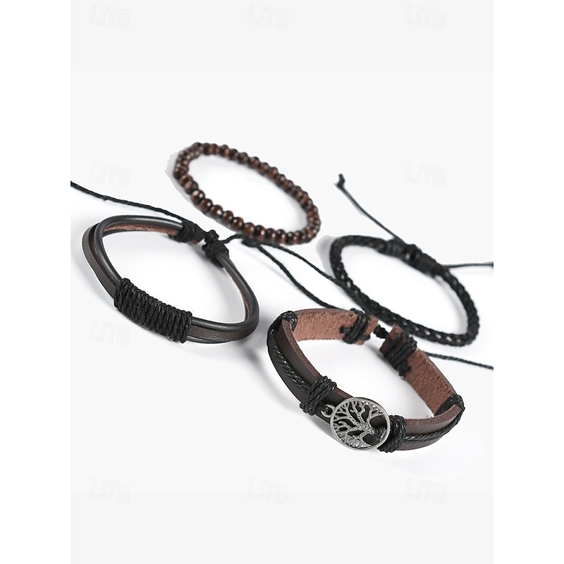 Men's Leather Beaded Bracelet Set with Tree of Life Charm – Vintage Layered Wristband Jewelry2