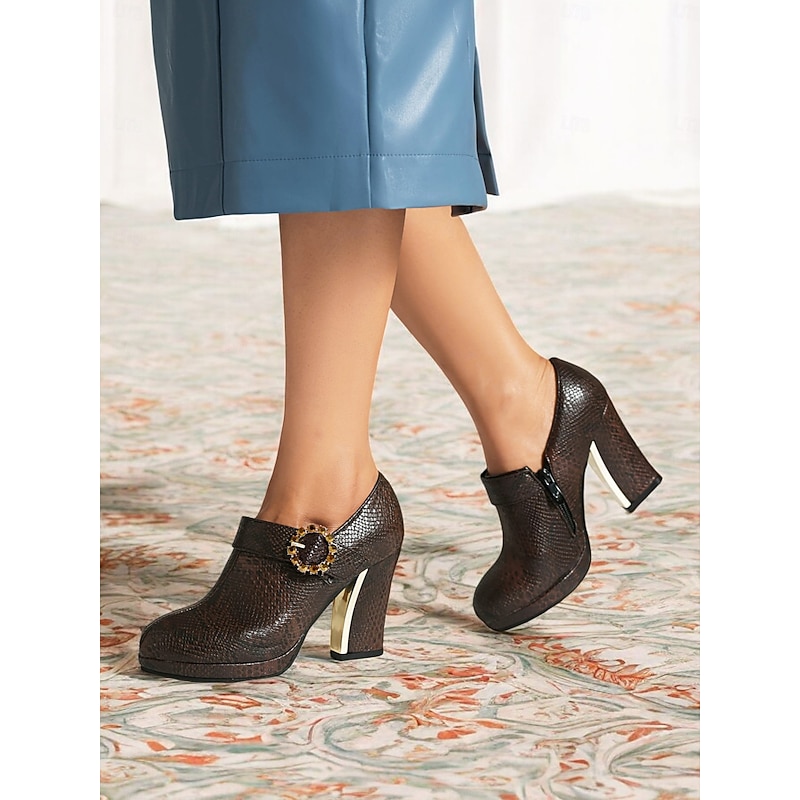 Women's Brown Snakeskin Platform Ankle Boots with Gold Buckle – Stylish High Heel Booties for Parties and Evening Wear