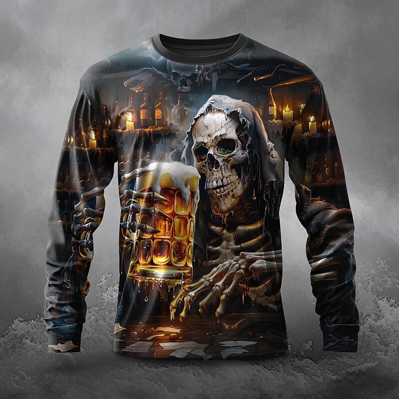 Oktoberfest Men's Cool Skulls Oktoberfest Beer T Shirt Long Sleeve T shirt 3D Print Crew Neck Shirt Daily Designer Street Casual Black Summer Spring Fall Clothing Apparel S M L XL XXL XXXL