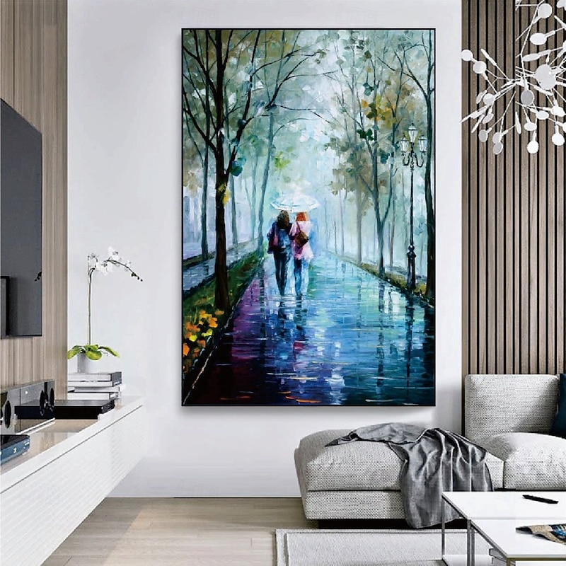 Couple lovers Oil painting handmade Raining Couple lovers oil painting - Hand Painted Impressionist Paris Lovers Oil Painting On Canvas Palette Knife Art oil paintings best gift for living room