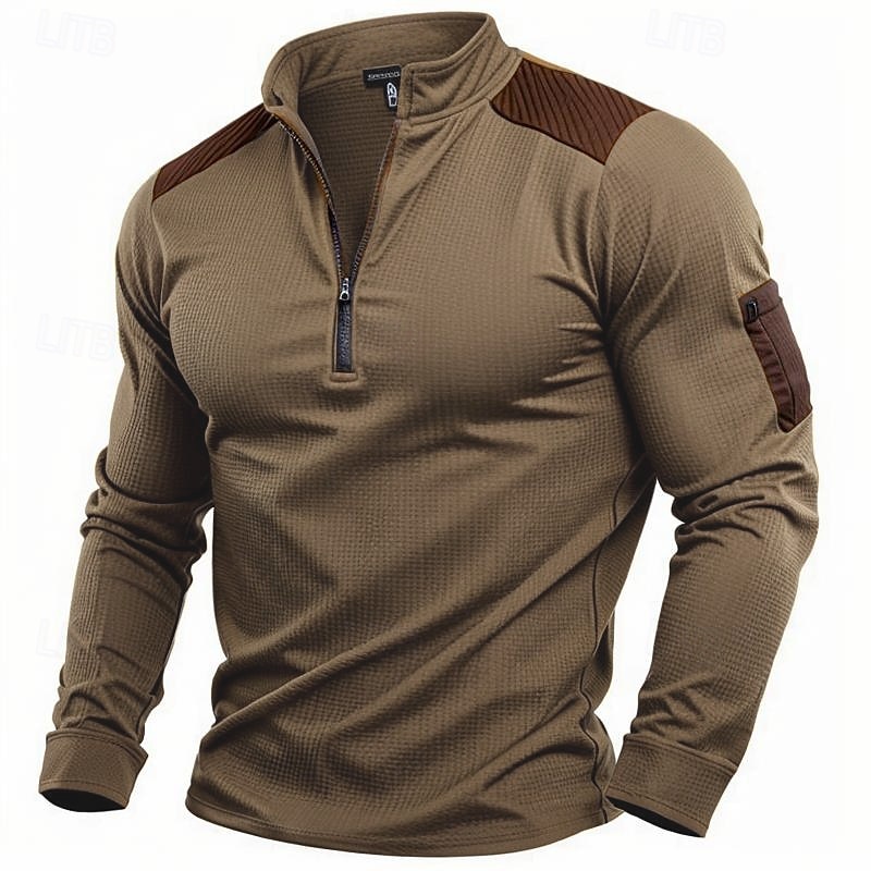 Men's T Shirt Waffle Knit Tee Quarter Zip Tee Long Sleeve Stand Collar Quarter Zip Spring Fall Spring &  Fall Solid Color Knitwear Vintage Daily Patchwork Pocket Outdoor Causal Casual Dark Brown